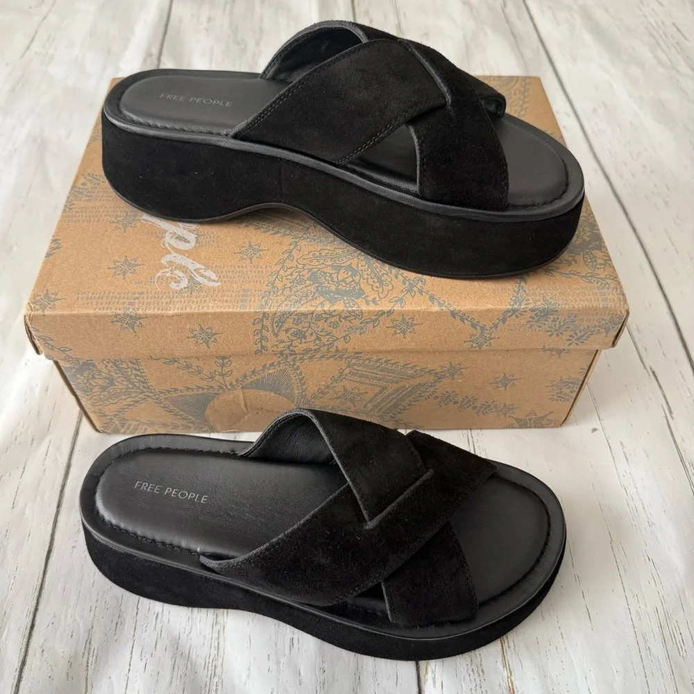 Free People Asbury Flatform Sandals Black Size 7.5 Suede Platform Slides New - Picture 2 of 8